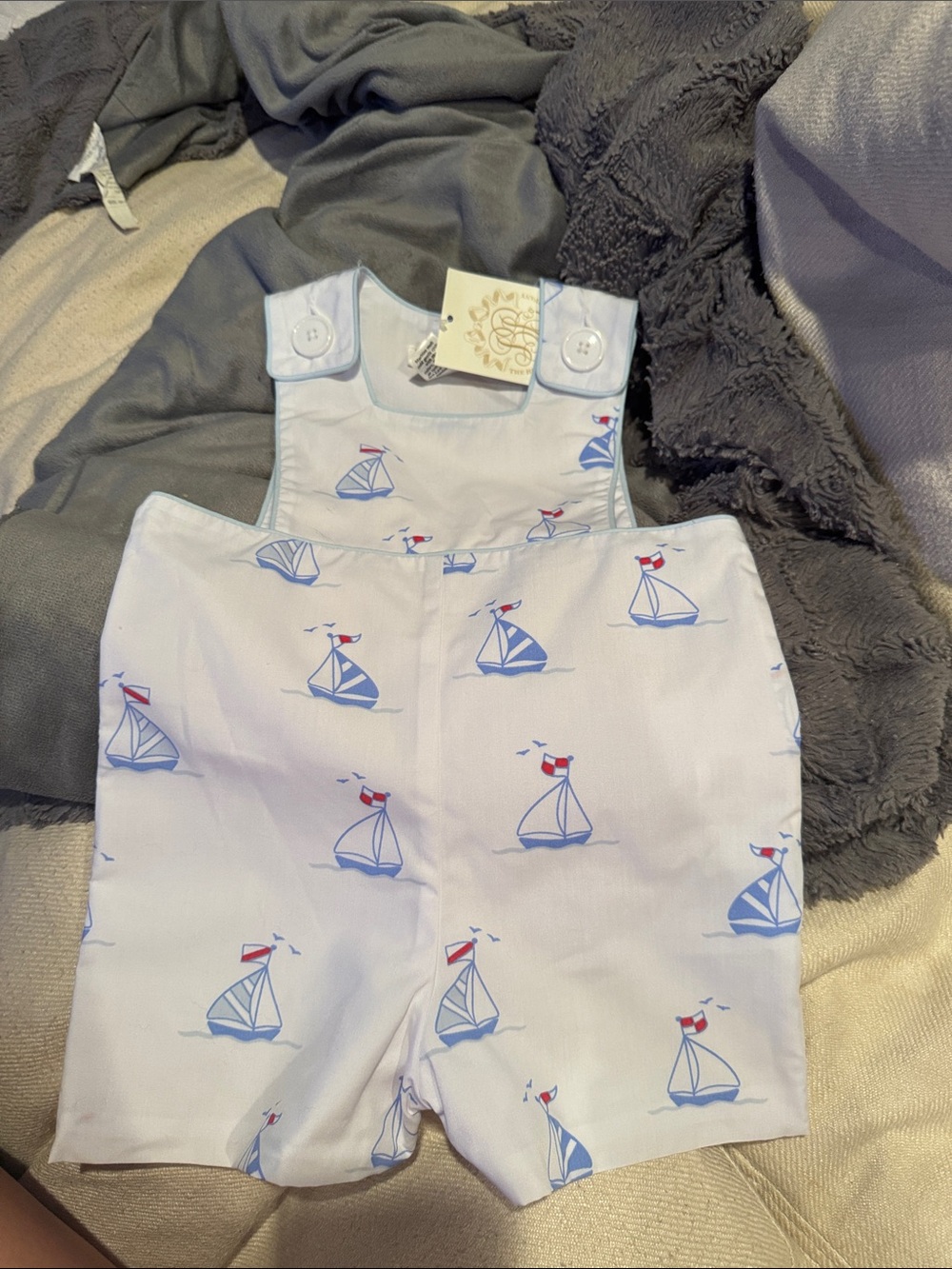 The Beaufort Bonnet Company White Baby One-Piece with Blue & Red Sailboat Print